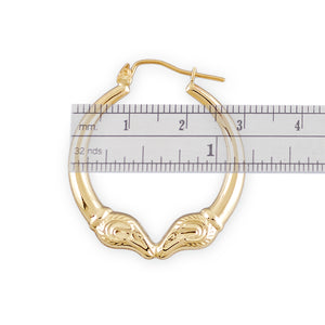 Size scale measurement of 10K Gold Ram's Head Door Knocker Earrings measuring 1.1 inches wide