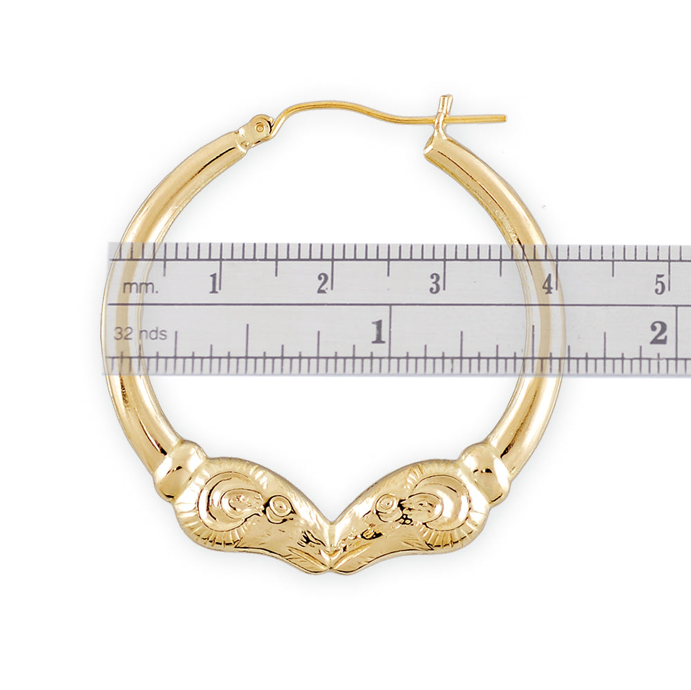 10k Real Gold 2 Ram&#39;s Heads Shiny Polished Hoop Earrings 1.6 Inch Wide