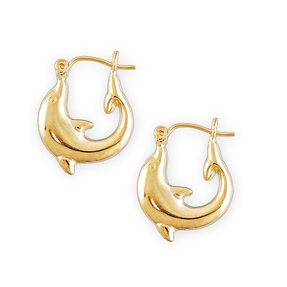 10k Gold Shiny Polished Dolphin Door Knocker Puffed Hollow Earrings  0.6 Inch Wide