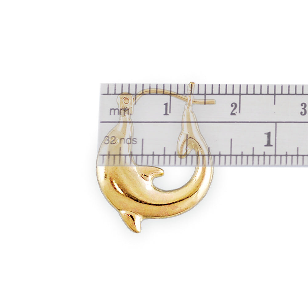 10k Gold Shiny Polished Dolphin Door Knocker Puffed Hollow Earrings  0.6 Inch Wide