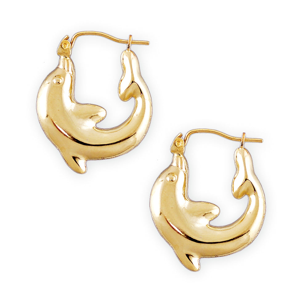 10K real yellow gold shiny dolphin door knocker hoop earrings 0.75 inch