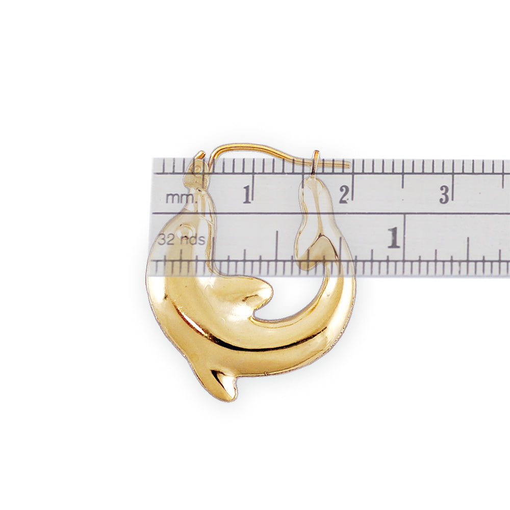 Close-up of 10k solid gold dolphin door knocker hoop earring showing hinged snap closure
