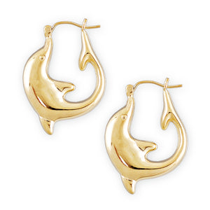 Pair of 10K yellow gold dolphin door knocker hoop earrings (7/8 inch)