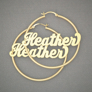 14k yellow gold personalized name hoop earrings 2 inch diameter 2mm tubing