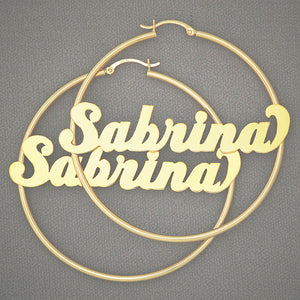 14k yellow gold personalized name hoop earrings 2.3 inch 2mm tubing