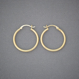 14k yellow gold classic plain hoop earrings, 1 inch diameter with 2mm round tube design