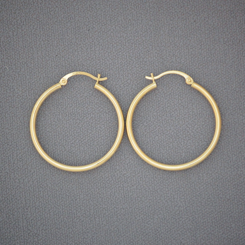 14k Gold 2 mm Shiny Round Tube Circle Hollow Plain Hoop Earrings 1.1 inch