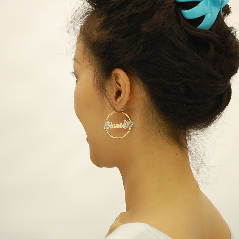 14k Gold 1.3 Inches Personalized Name Earrings 2 mm Tube Hoops Iced Out Butterfly 2 Tone Jewelry