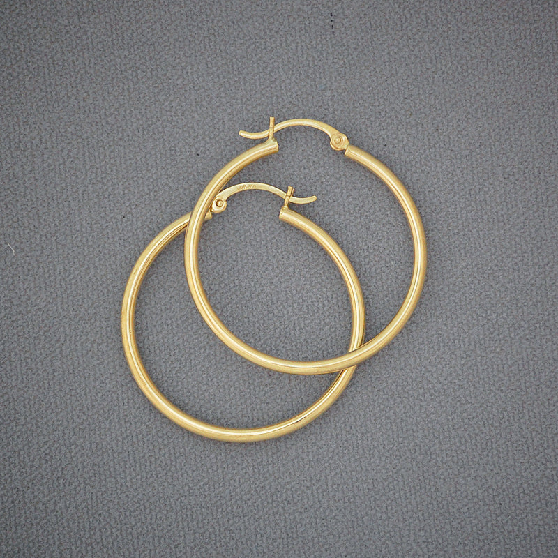 14k Real Gold 2 mm Shiny Round Tube Circle Hollow Plain Hoop Earrings 1.3 Inch
