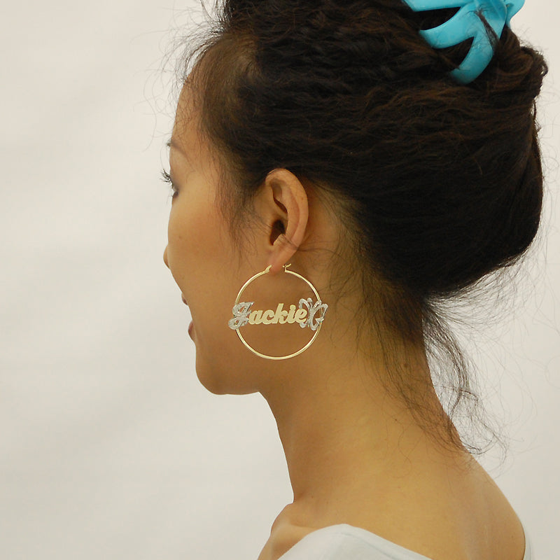 14k Gold 2 Inches Hoop Earrings 2 mm Tube Personalized Iced Out Butterfly Name 2 Tone Jewelry