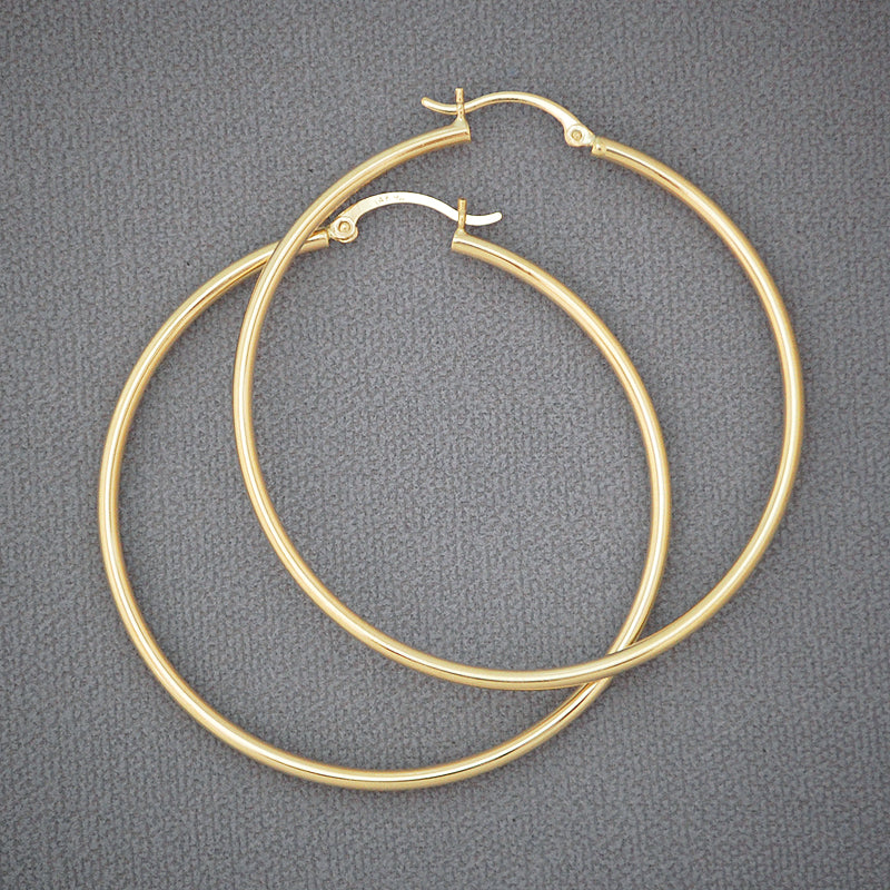 14k Real Gold 2 mm Shiny Round Tube Circle Hollow Plain Hoop Earrings 2 Inches