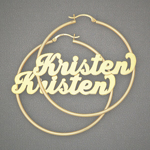 14K yellow gold 2 inch personalized name hoop earrings with 2mm tubing and cursive script