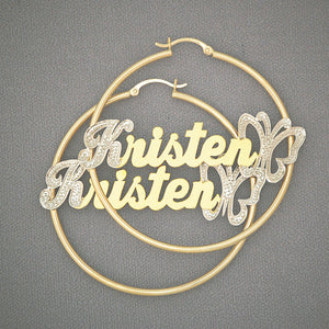 Handcrafted 14K two-tone gold personalized name hoop earring with diamond-cut iced-out butterfly accent (2.2 inch / 55mm diameter)