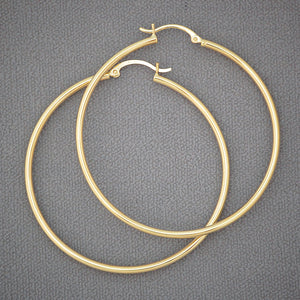 14K yellow gold 2mm hollow round tube hoop earrings, 2.1 inch (55mm) diameter