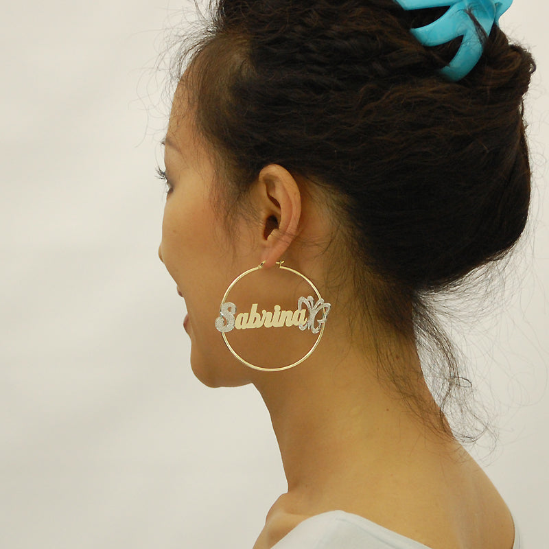 14k Personalized Iced Out Butterfly Name 2 mm Tube Hoop Earrings 2.3 Inches 2 Tone Jewelry