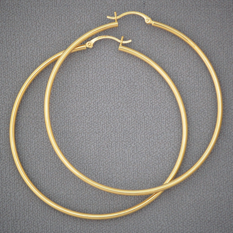 14k Real Gold 2 mm Shiny Round Tube Circle Hollow Plain Hoop Earrings 2.3 Inches