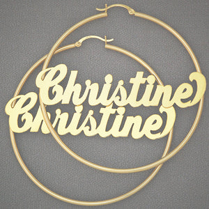14K yellow gold custom name hoop earrings in cursive script, 2.5 inch diameter