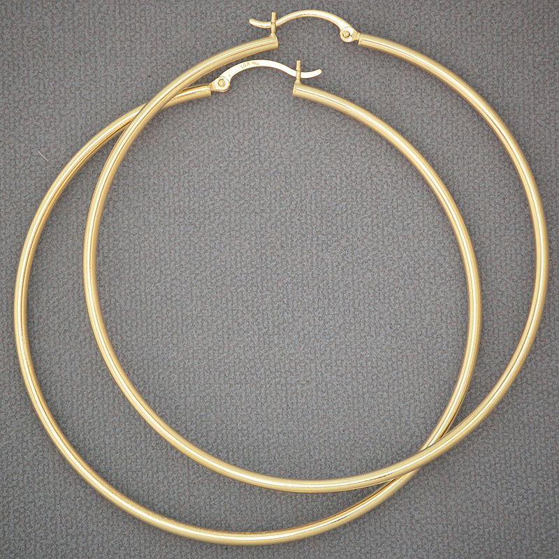 14k Real Gold 2 mm Shiny Round Tube Circle Hollow Plain Hoop Earrings 2.5 Inches