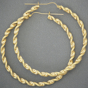 Pair of 10k yellow gold 3.5 inch extra large twisted hoop earrings with 4mm thickness and hinged snap closure