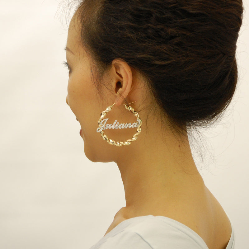 10k Personalized Iced Out Names 6 mm Twisted Hoop Earrings 2.3 inches Real Gold Customized Diamond Accent