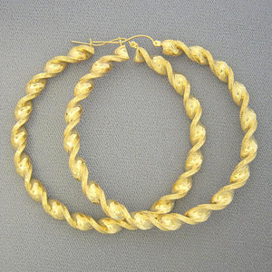 10K yellow gold 6mm twisted round hoop earrings 3 inches diameter