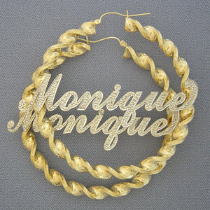 Custom 10K gold iced out nameplate on 3 inch 6mm twisted hoop earrings