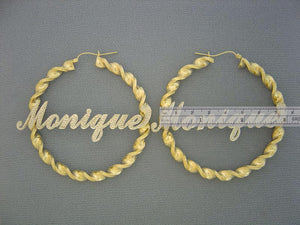 Pair of personalized 10K gold two tone iced out nameplate twisted hoop earrings