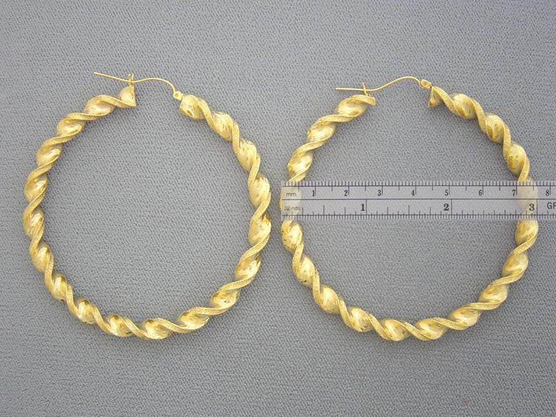 Large 10k Real Gold 6 mm Twisted Round Hollow Hoop Earrings 3 inches Diameter.