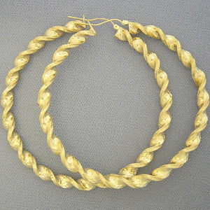 10K yellow gold 6mm extra large twisted round hollow hoop earrings 3.5 inch diameter