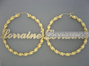 Pair of 6mm two-tone 10K gold twisted hoop earrings with custom personalized nameplate