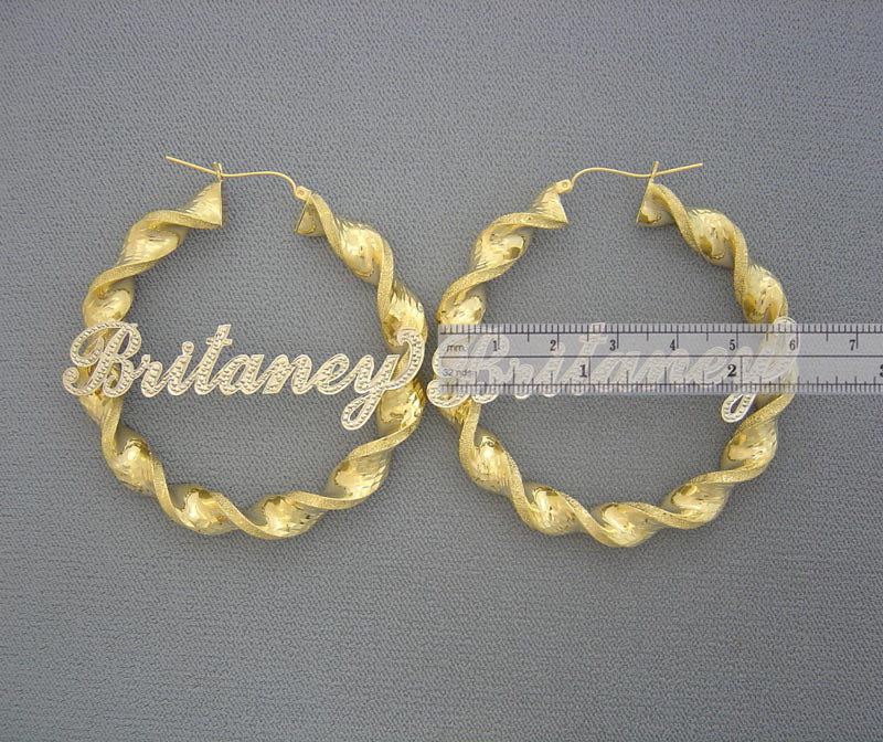 10k Personalized Iced Out Names 8 mm Twisted Hoop Earrings 2.3 inches Real Gold Custom Made