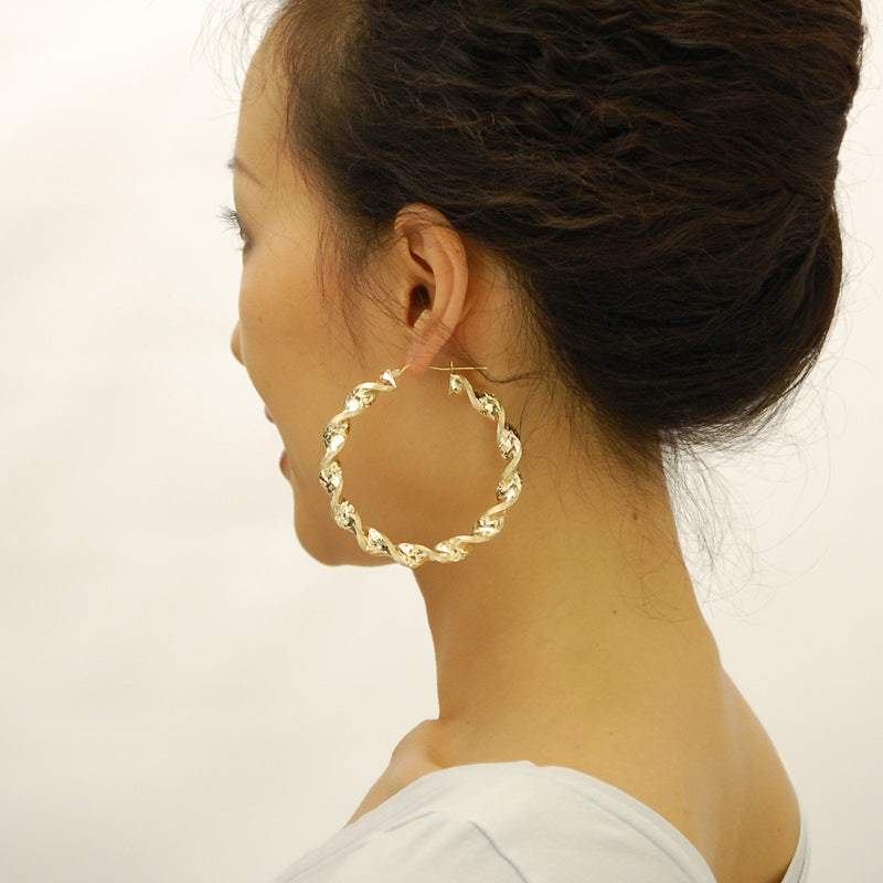10k Real Gold 8 mm Twisted Round Hollow Thick Hoop Earrings Medium Large Size 2.3 inches Diameter