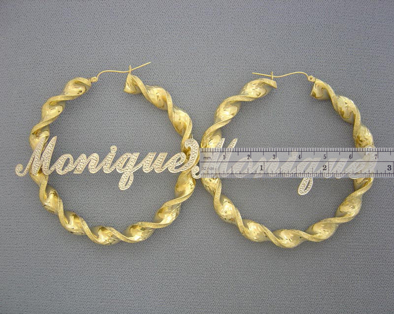 10k Personalized Iced Out Names 8 mm Twisted Hoop Real Gold Custom Made Earrings 2.75 inches
