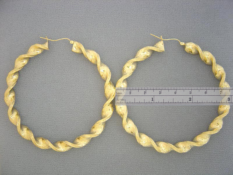 Large 10k Real Gold 8 mm Twisted Round Hollow Thick Hoop Earrings 3 inches Diameter.