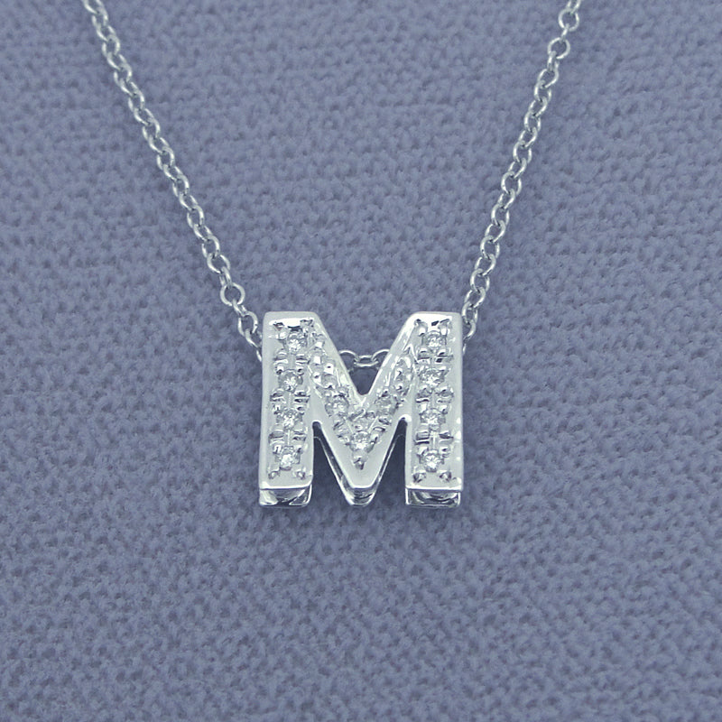 3D double plate initial pendant in solid gold set with genuine diamonds featuring letter M