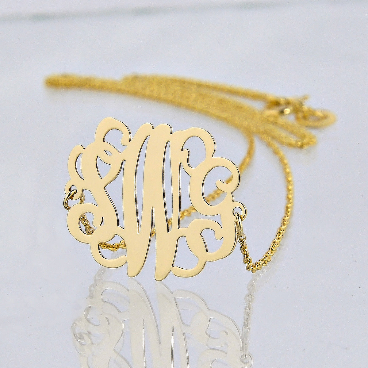 Small Solid Gold 3 Initials Monogram Sideway Necklace .75 inch wide Personalized Jewelry