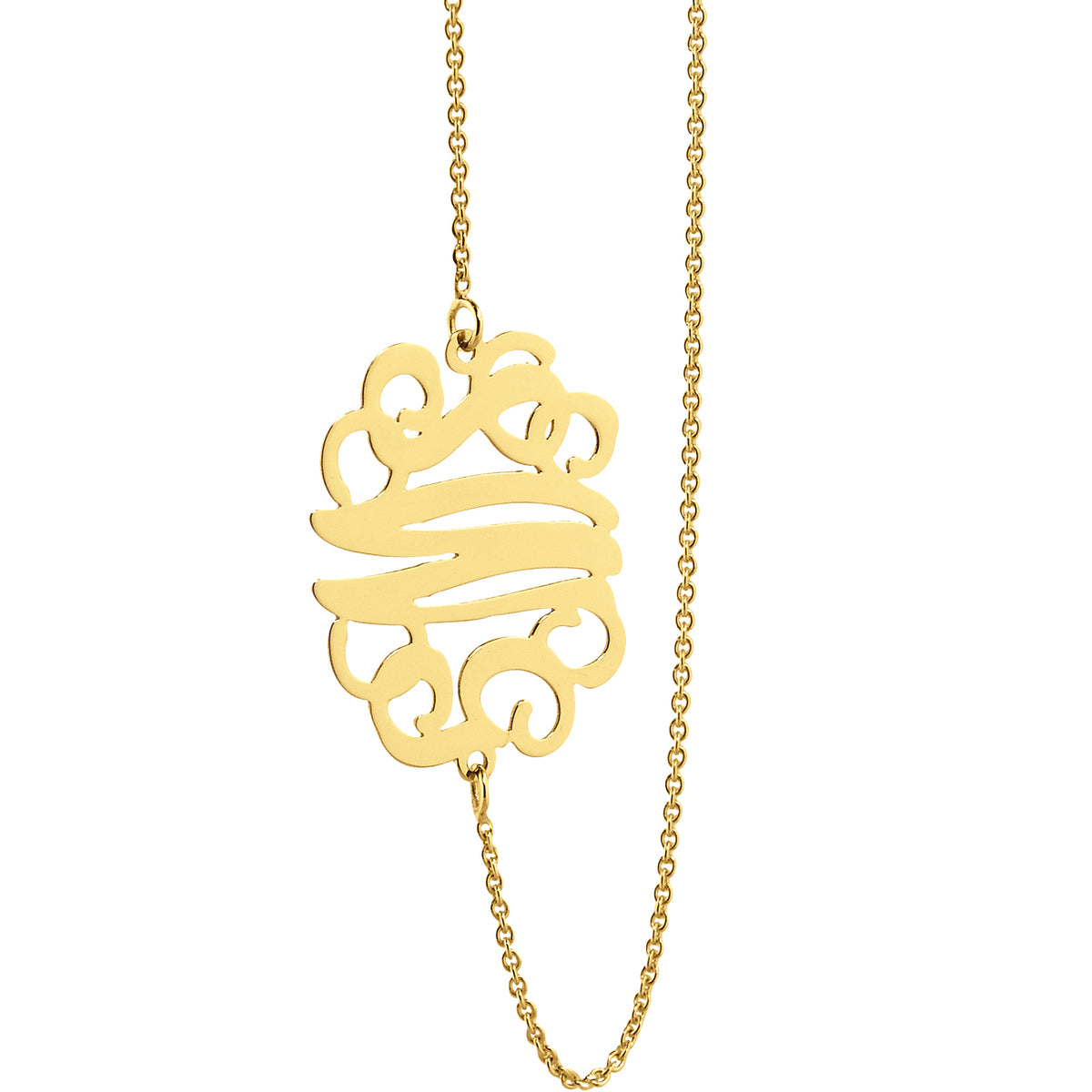 Small Solid Gold 3 Initials Monogram Sideway Necklace .75 inch wide Personalized Jewelry