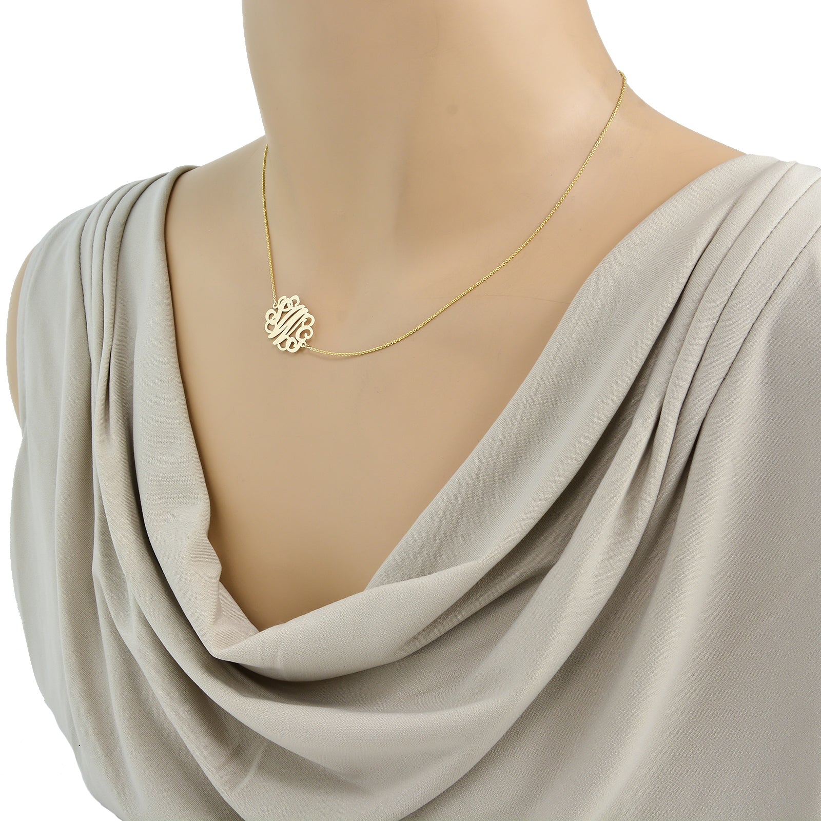 Small Solid 10k or 14k Gold 3 Initials Monogram Sideway Necklace .75 inch Personalized Fine Jewelry