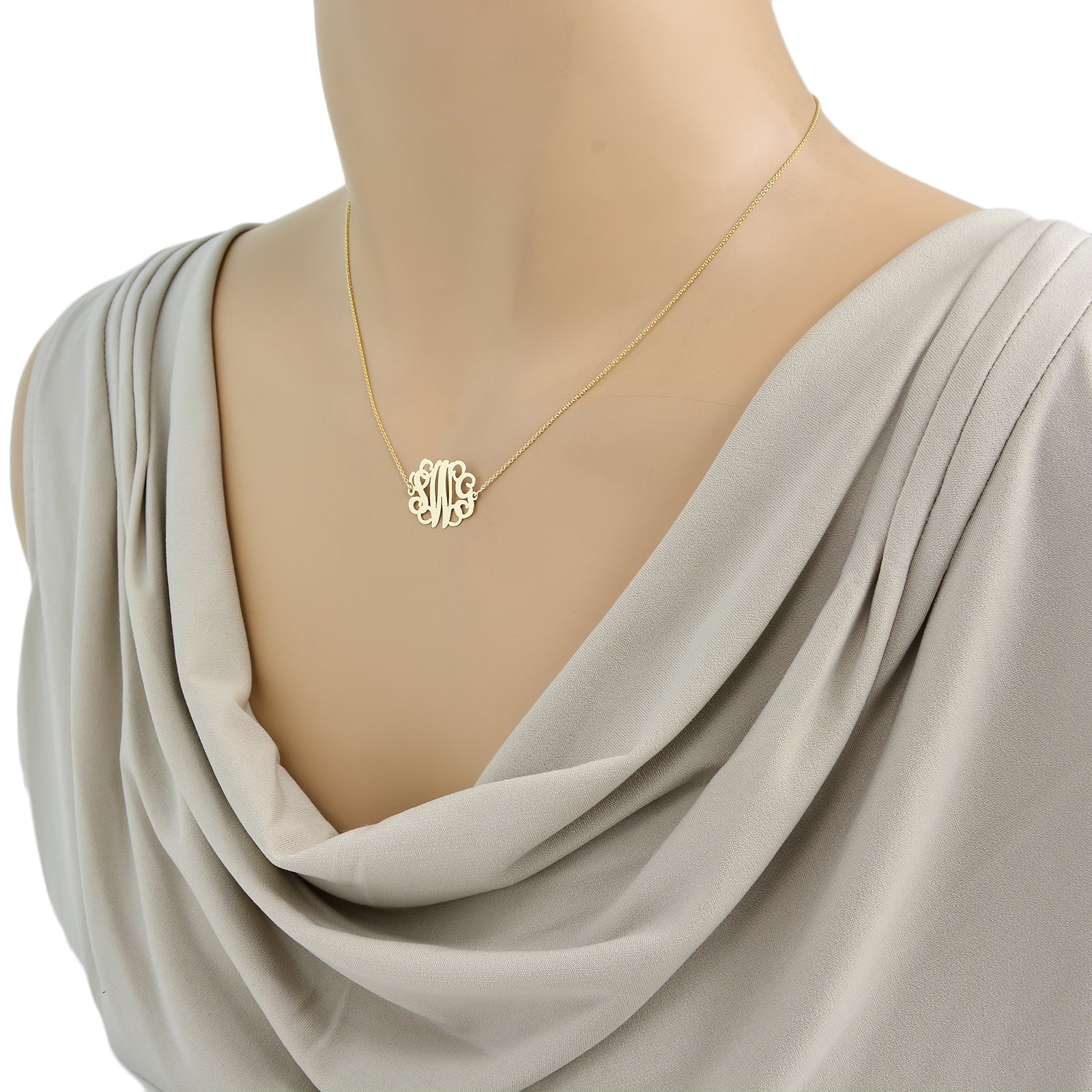 Small Solid 10k or 14k Gold 3 Initials Monogram Sideway Necklace .75 inch Personalized Fine Jewelry