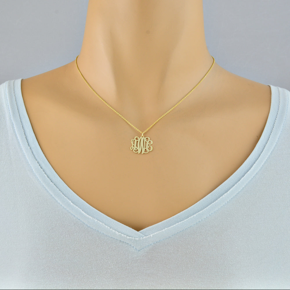 Small Solid 10k or 14k Gold 3 Initials Monogram Necklace .75 inch Personalized Fine Jewelry