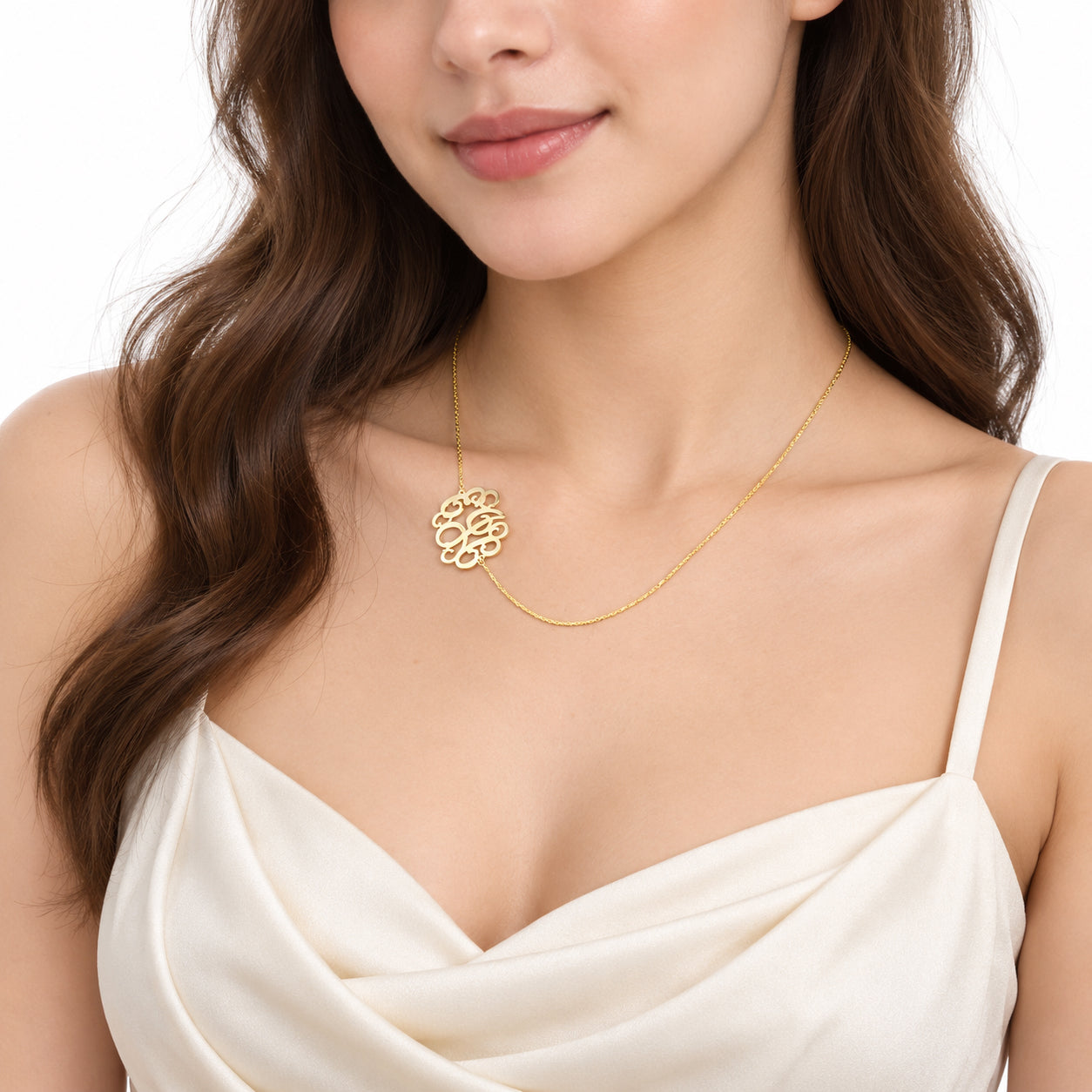 Solid 10K & 14K Gold 3-Initial Sideway Monogram Necklace (1 Inch)