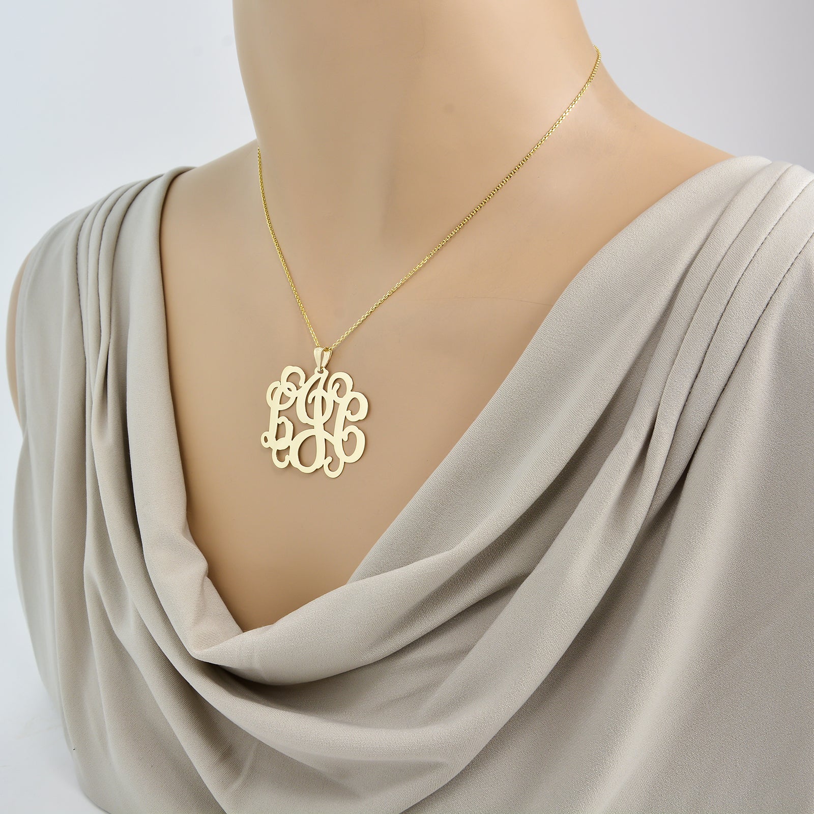 10k or 14k Solid Gold 3 Initials Personalized Monogram Pendant 1.25 Inch Customized Fine Jewelry