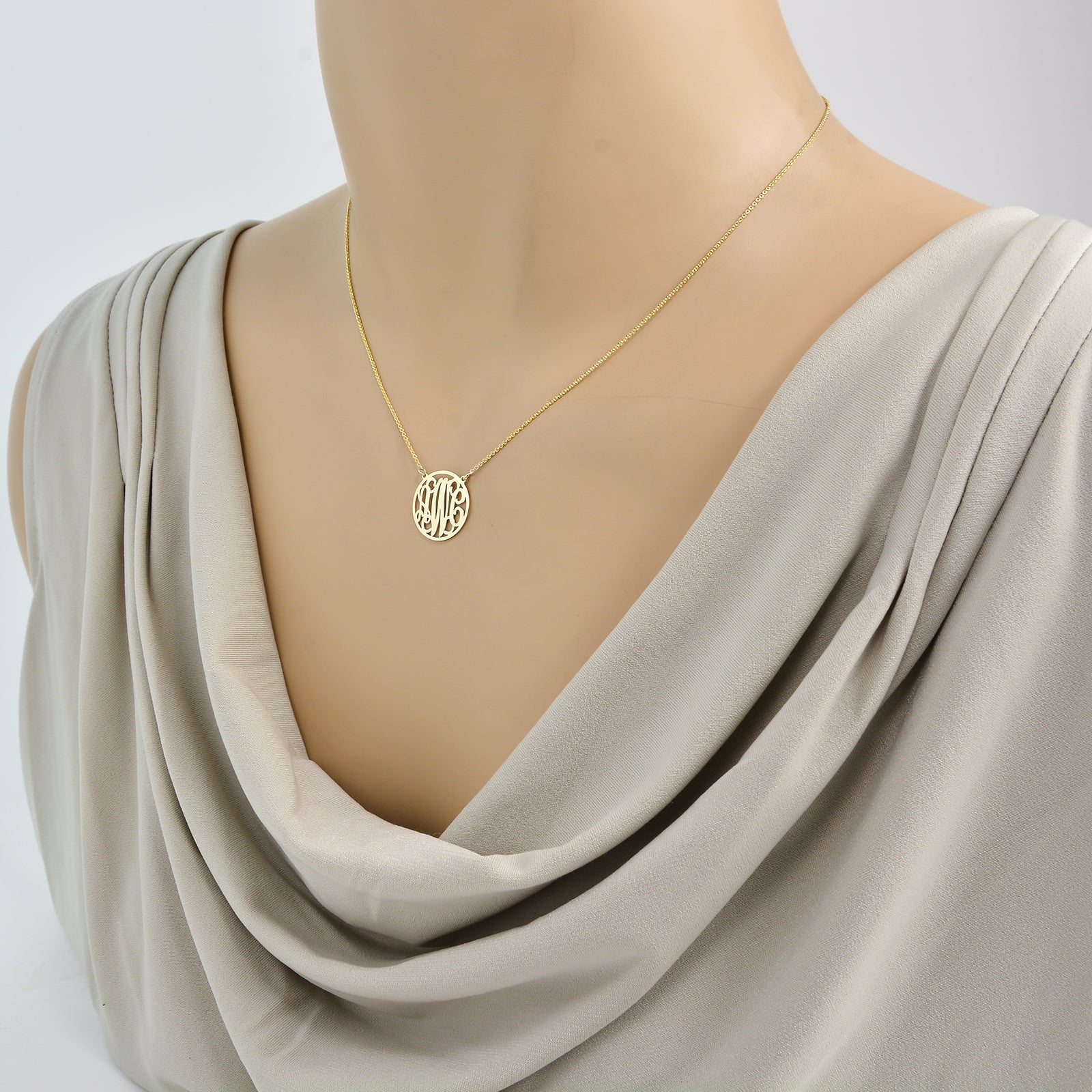 Small Solid 10k or 14k Gold 3 Initials Circle Monogram Necklace 5/8 inch Minimal Customized Fine Jewelry