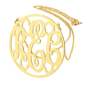 Custom 1.25-inch 14k solid yellow gold 3-initial circle monogram pendant necklace on a gold rolo chain
