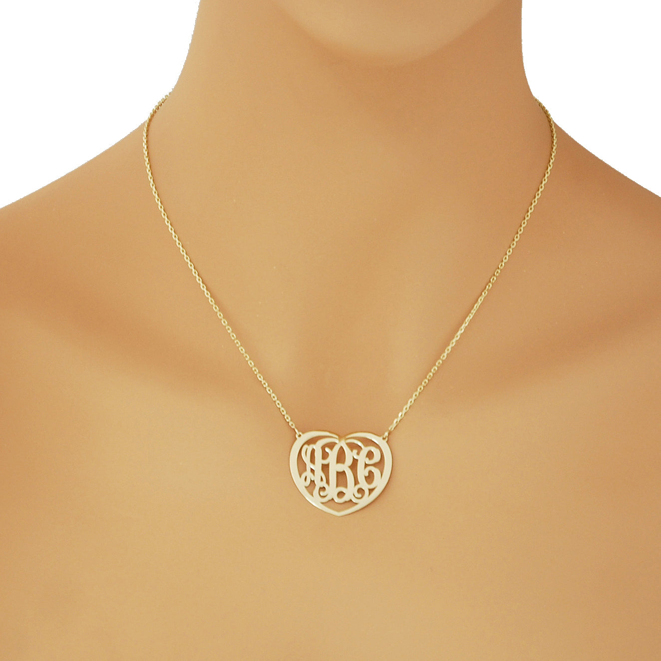 10k or 14k Solid Gold 3 Initials Heart Monogram Necklace 1.25 Inch Customized Fine Jewelry