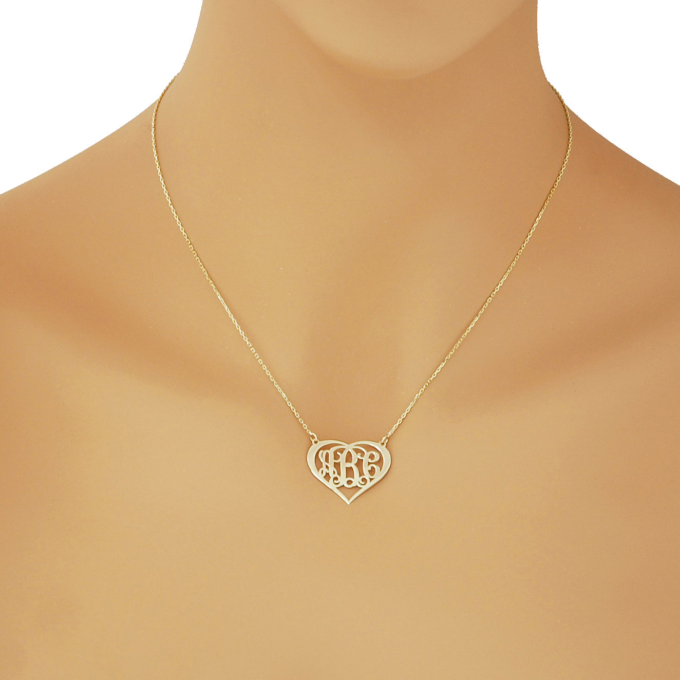 Solid 10k or 14k Gold 3 Initials Heart Personalized Monogram Necklace 1 inch Customized Fine Jewelry