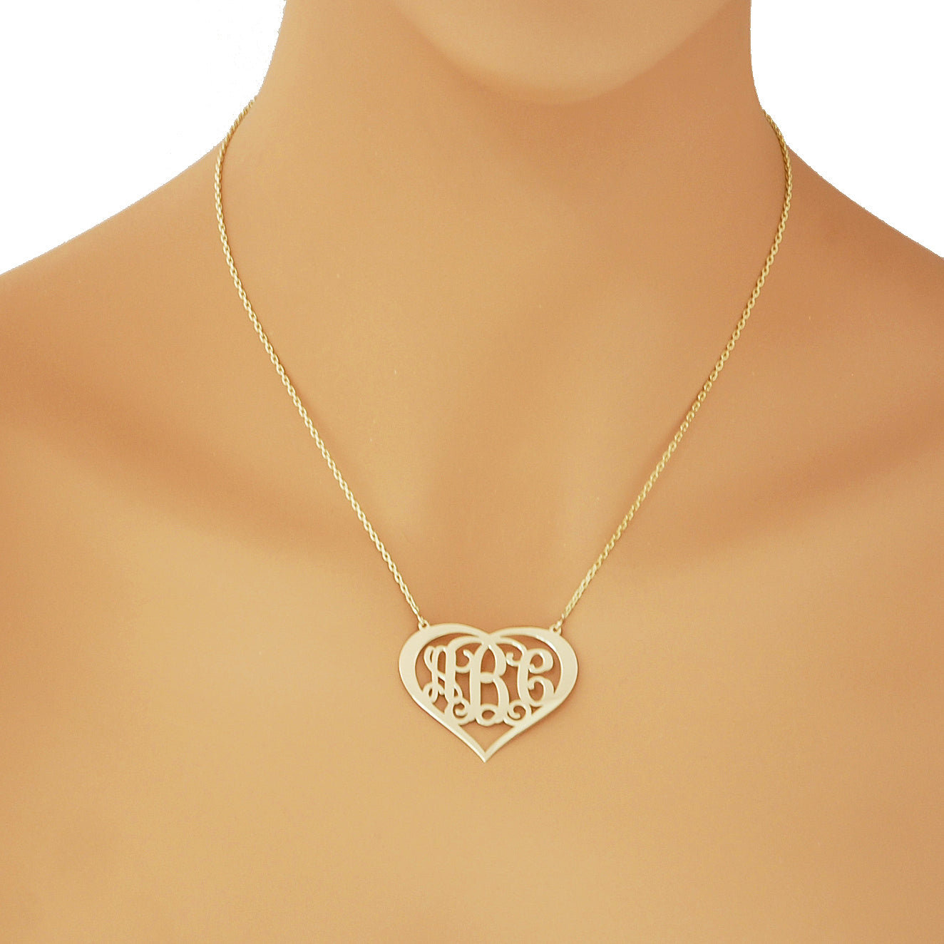 10k or 14k Solid Gold 3 Initials Heart Monogram Necklace 1.25 Inch Customized Jewelry