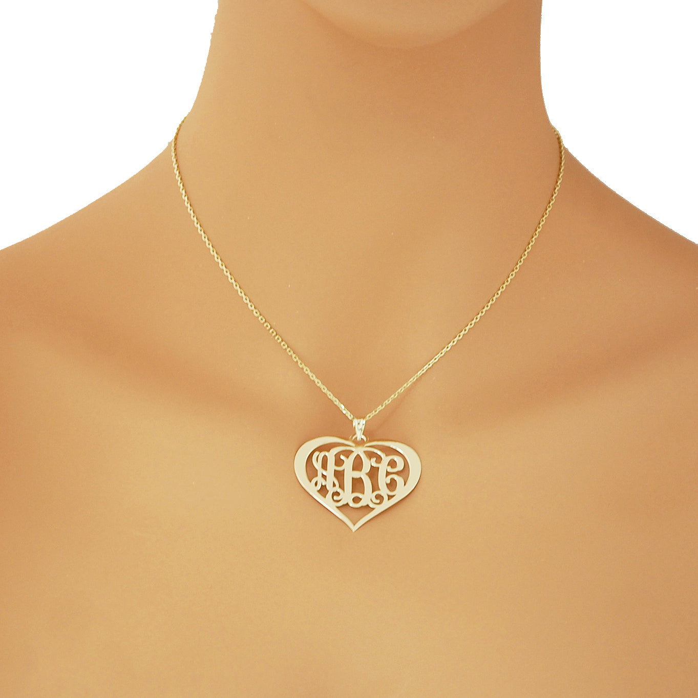 10k or 14k Solid Gold 3 Initials Heart Personalized Monogram Pendant 1.5 Inch Customized Fine Jewelry