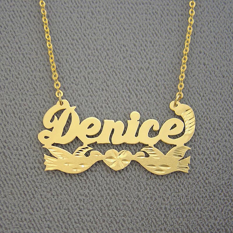 Personalized Solid 10k or 14k Gold Nameplate Diamond Cuts Kissing Birds Heart Pendant Necklace.