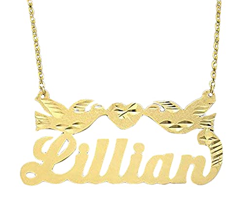 14k or 10k Personalized Solid Gold Name Necklace Diamond Cuts Two Birds Design NN19